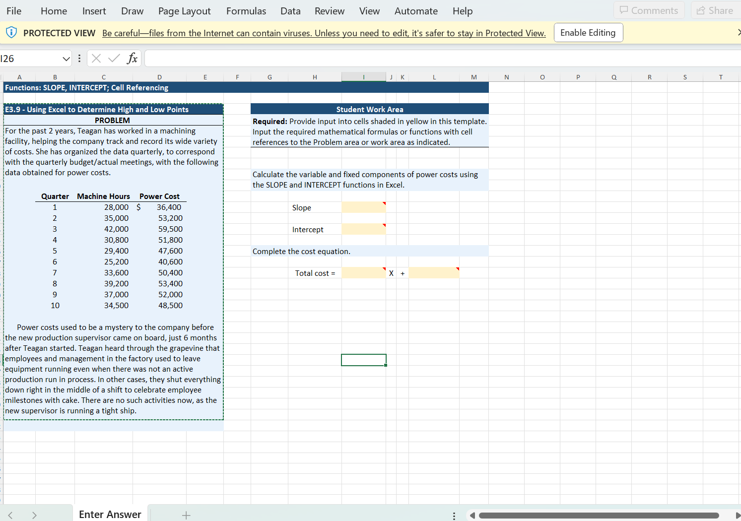 E3.9 - Using Excel to Determine High and Low Points PROBLEM