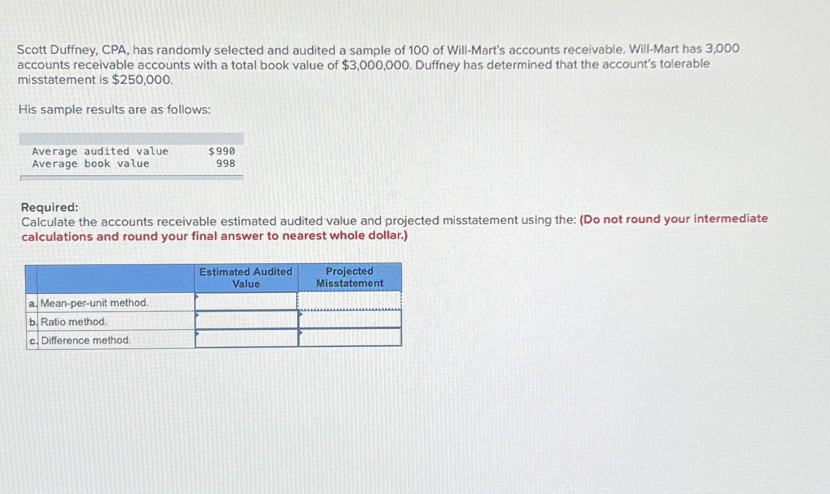  Scott Duffney, CPA, has randomly selected and audited a sample of