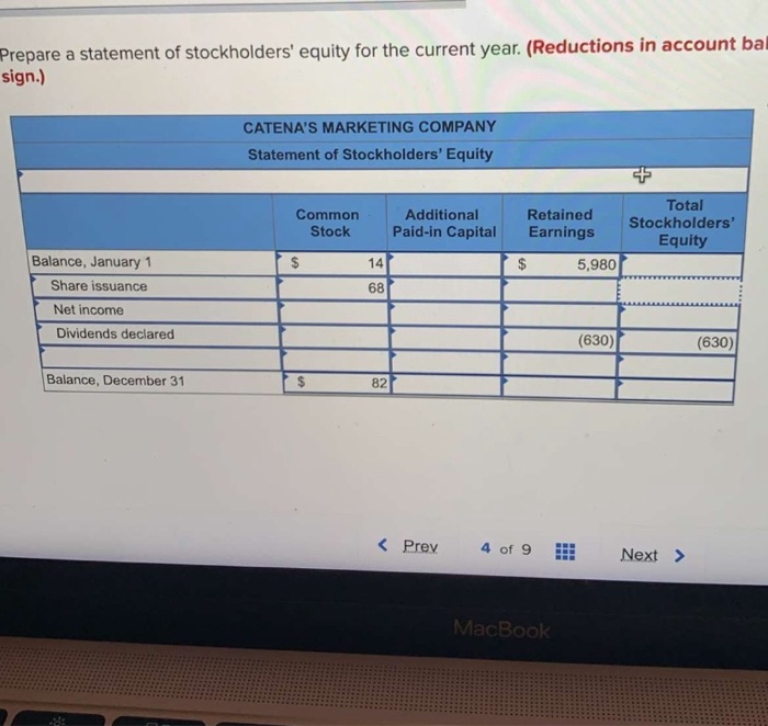  Prepare a statement of stockholders' equity for the current year. (Reductions