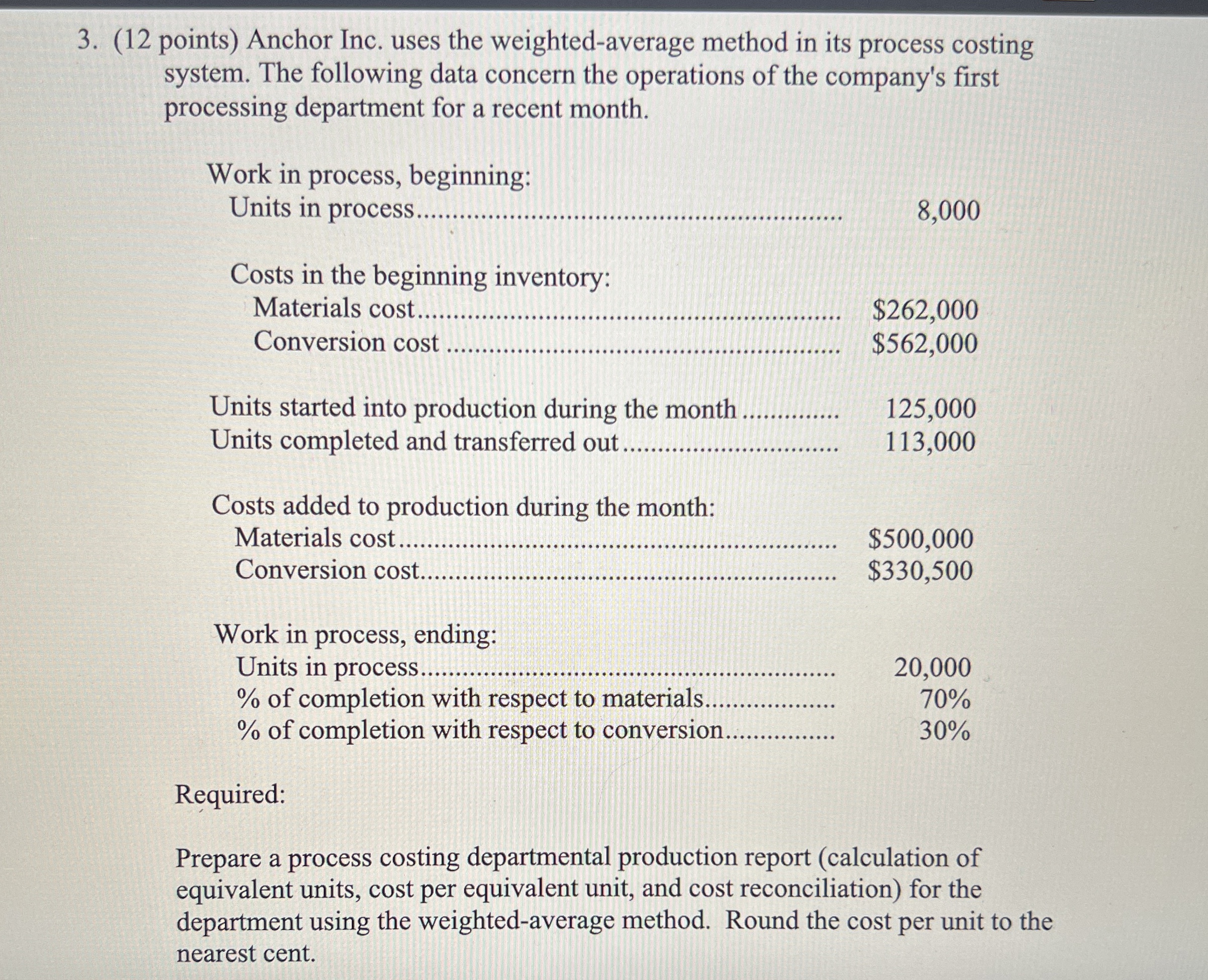  (12 points) Anchor Inc. uses the weighted-average method in its process