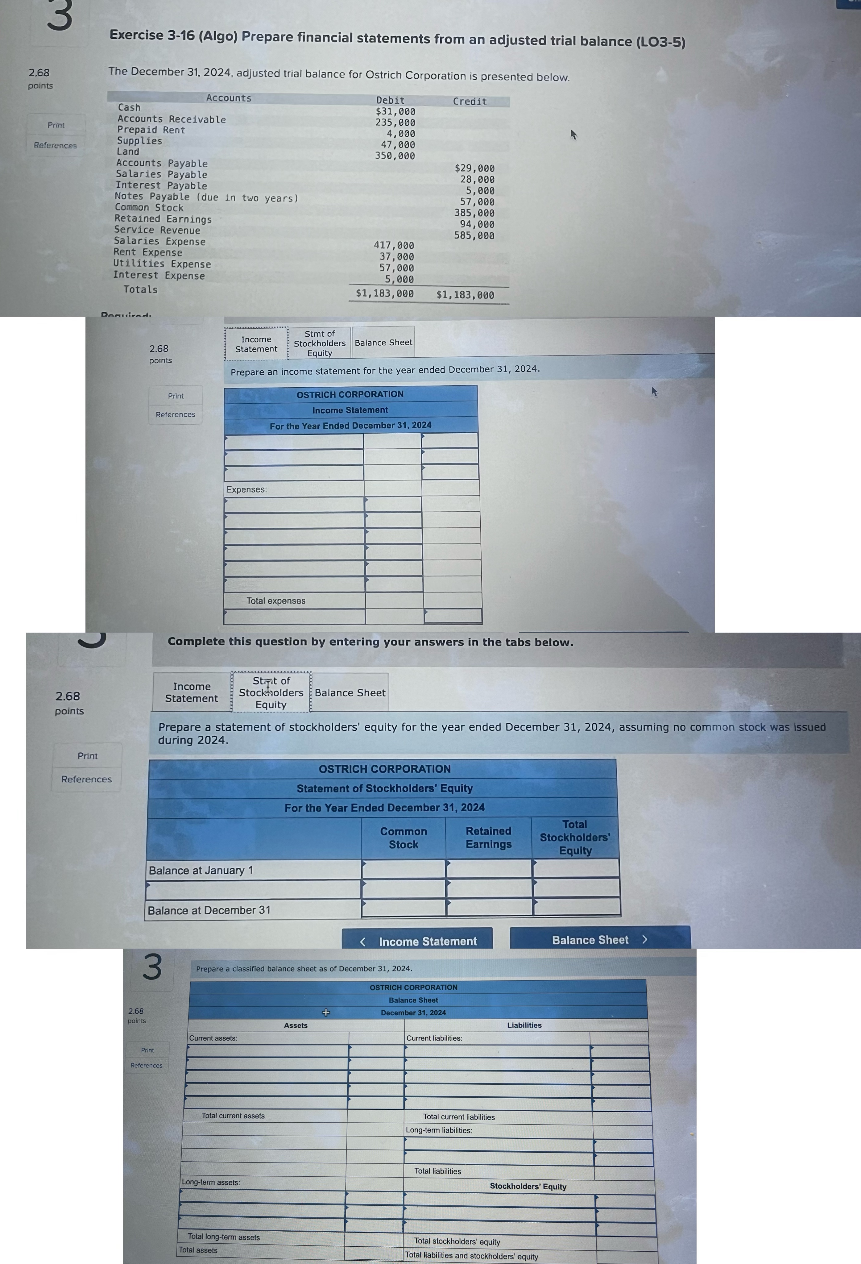  Exercise 3-16(Algo) Prepare financial statements from an adjusted trial balance (LO3-5)