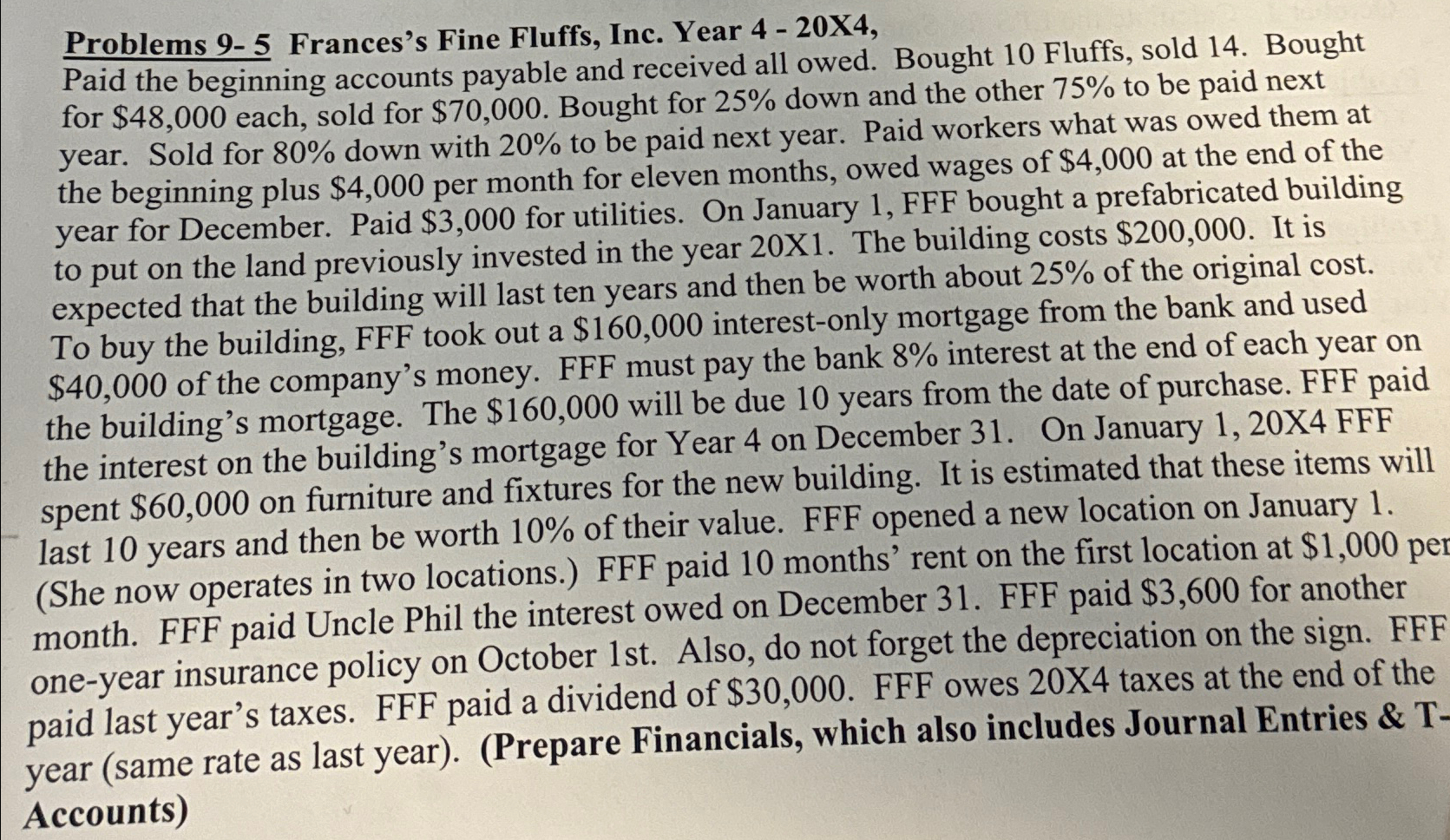  Problems 9-5 Frances's Fine Fluffs, Inc. Year 4-20X4, Paid the beginning