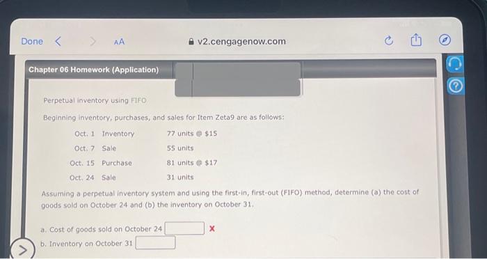 Done AA Chapter 06 Homework (Application) v2.cengagenow.com Perpetual inventory using FIFO