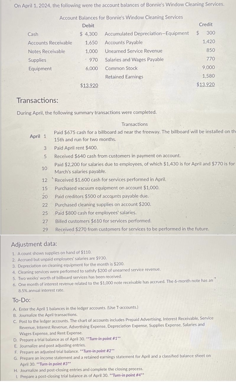  On April 1,2024, the following were the account balances of Bonnie's