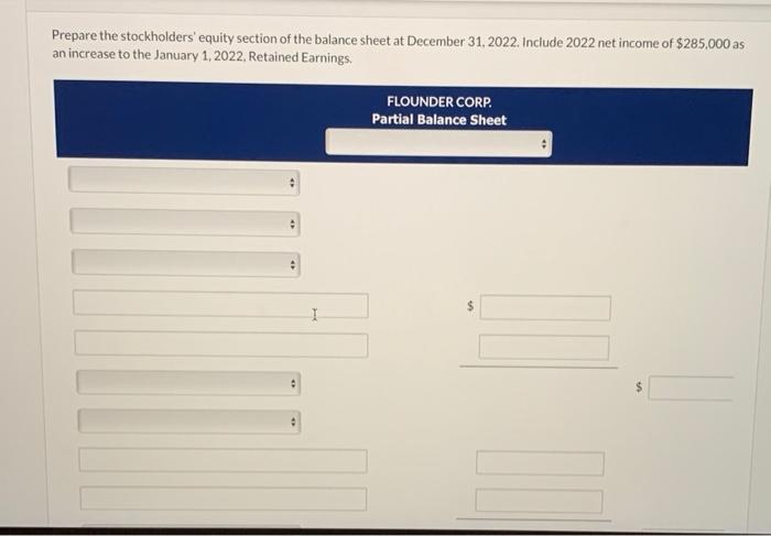 . Thank you. The stockholders' equity accounts of Flounder Corp. on January