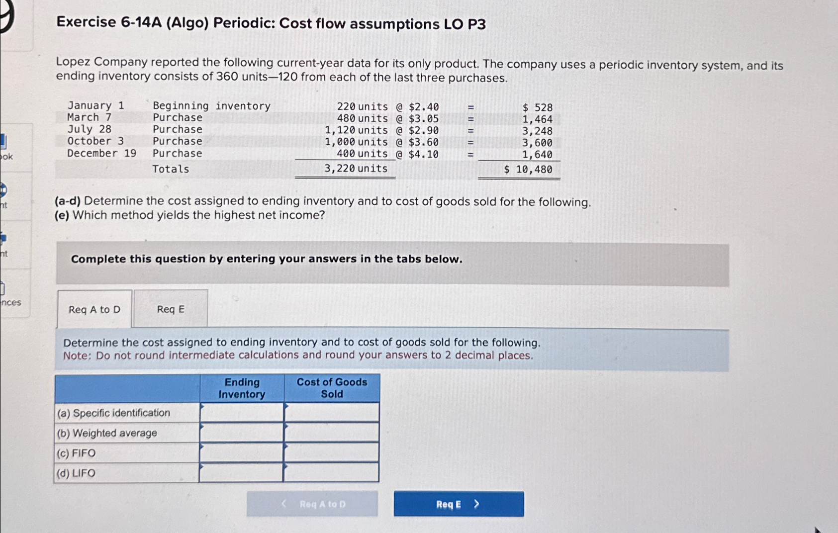  Exercise 6-14A (Algo) Periodic: Cost flow assumptions LO P3 Lopez Company