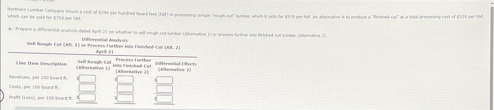  which can be sold for $750 per hbf. a. Prepare a