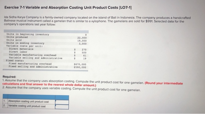  Exercise 7-1 Variable and Absorption Costing Unit Product Costs (L07-1) Ida