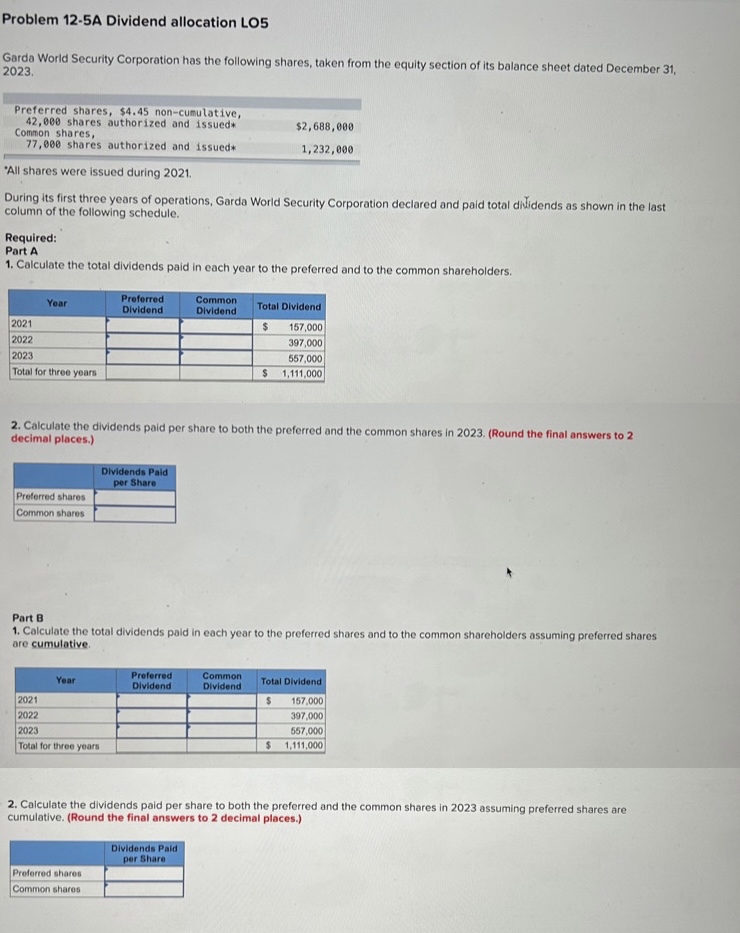  Problem 12-5A Dividend allocation LO5 Garda World Security Corporation has the