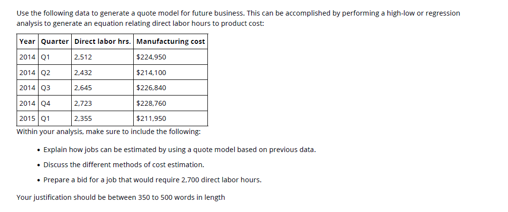  Use the following data to generate a quote model for future