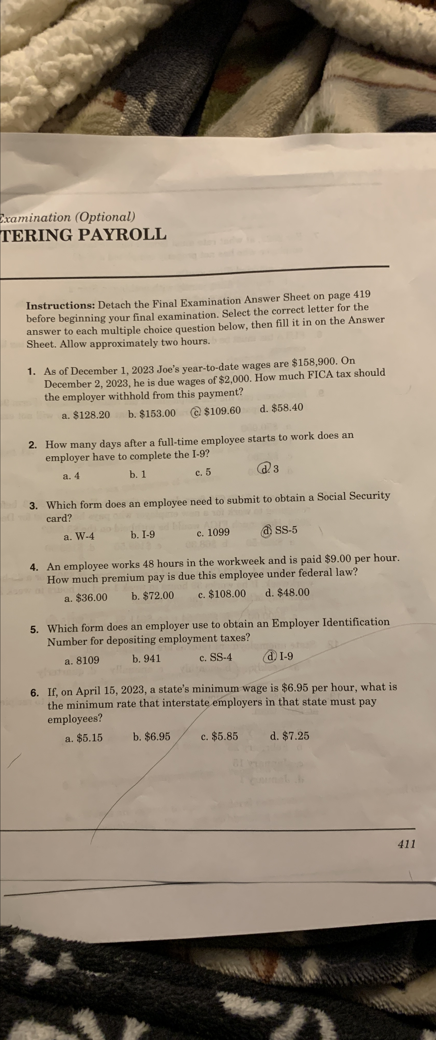  Examination (Optional) TERING PAYROLL Instructions: Detach the Final Examination Answer Sheet