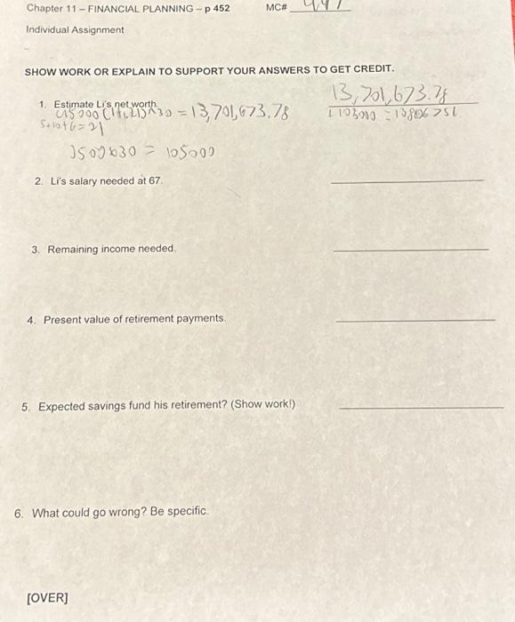  Chapter 11- FINANCIAL PLANNING - p 452 Individual Assignment SHOW WORK