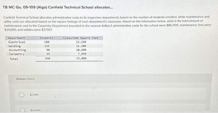  TB MC Qu. 09-109 (Algo) Canfield Technical School allocates... Canfield Technical
