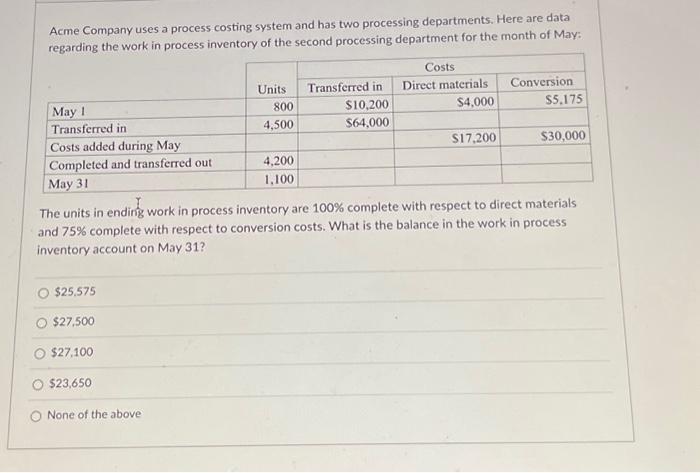  Acme Company uses a process costing system and has two processing