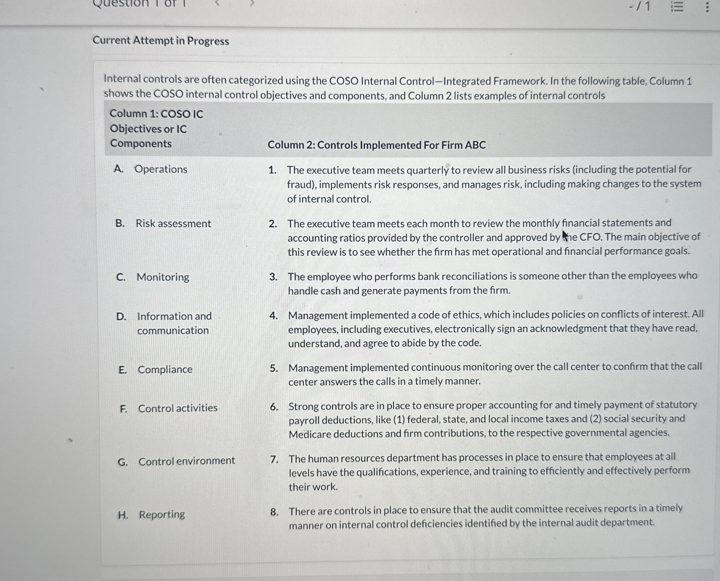  Current Attempt in Progress Internal controls are often categorized using the