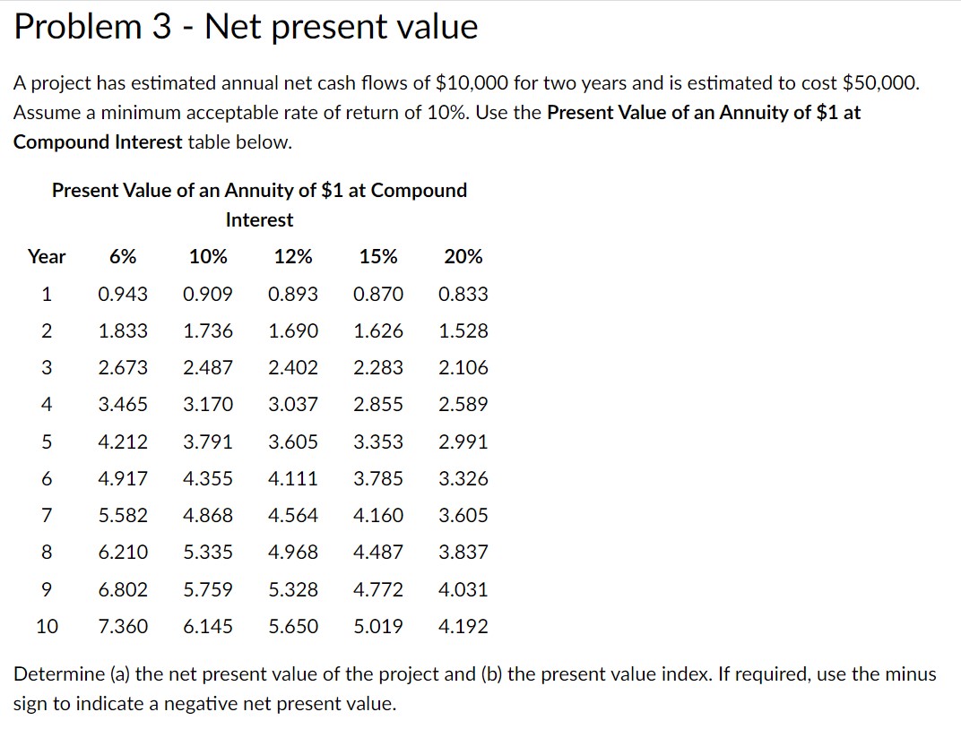  Problem 3- Net present value A project has estimated annual net