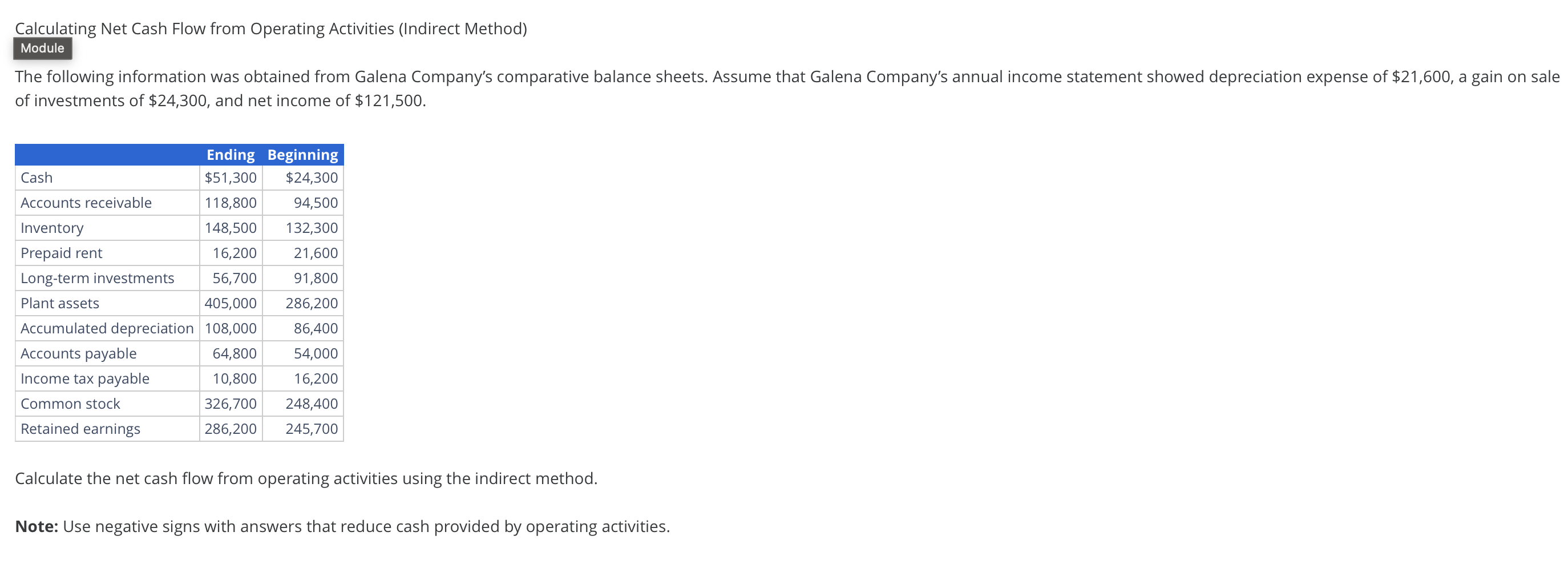 Calculating Net Cash Flow from Operating Activities (Indirect Method) Module Net