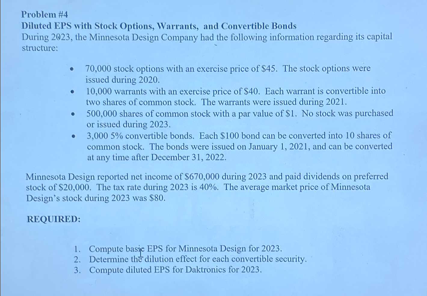  Problem #4 Diluted EPS with Stock Options, Warrants, and Convertible Bonds