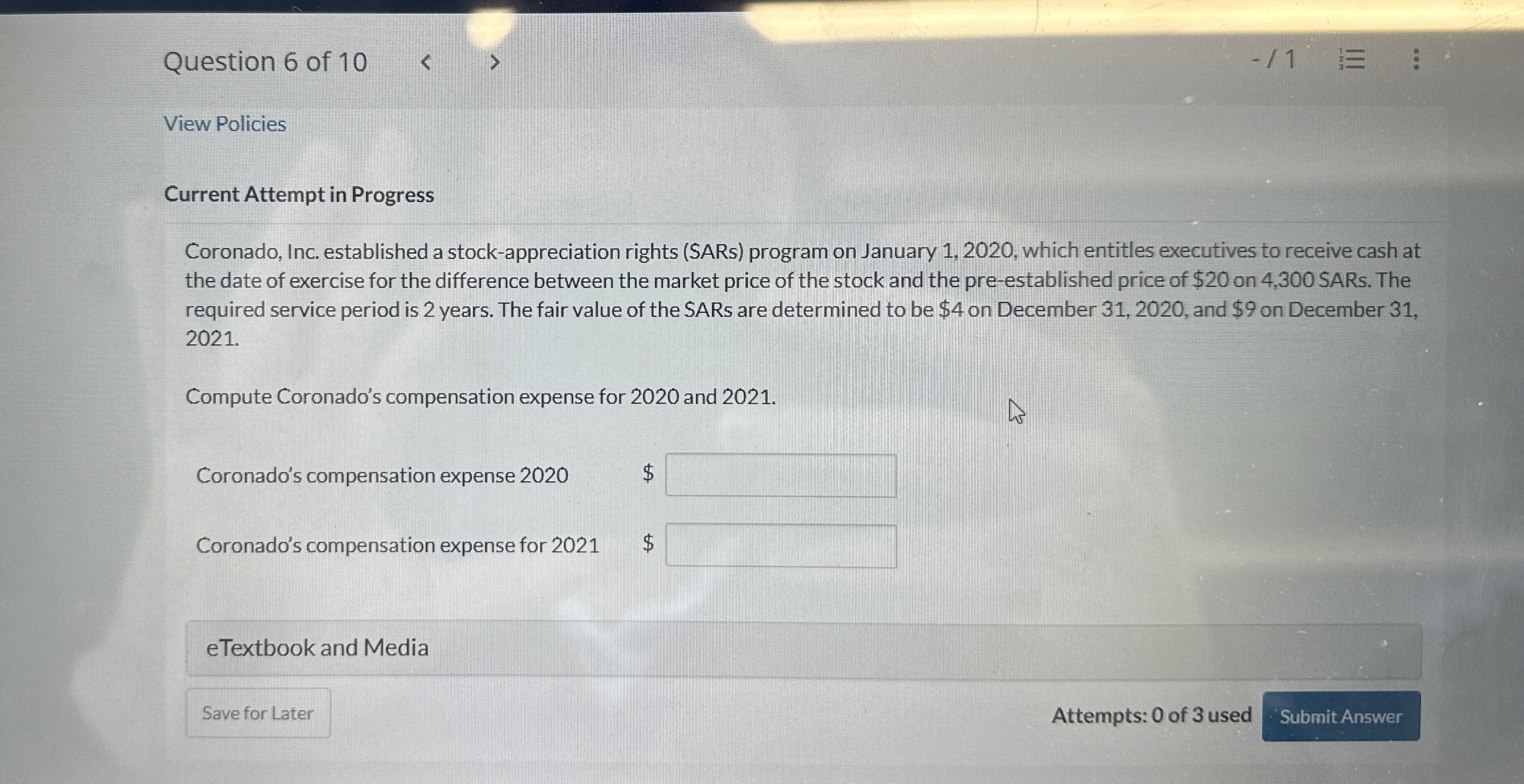  Current Attempt in Progress Coronado, Inc. established a stock-appreciation rights (SARs)