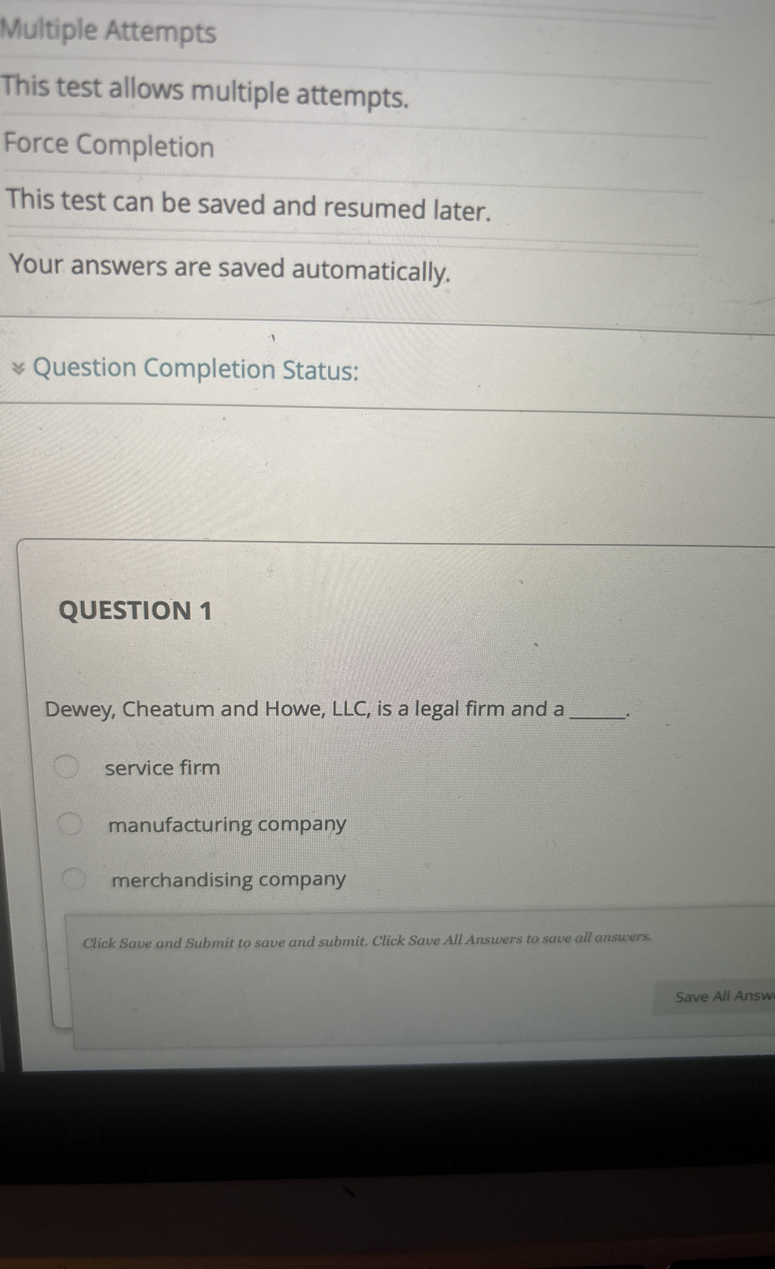  Multiple Attempts This test allows multiple attempts. Force Completion This test