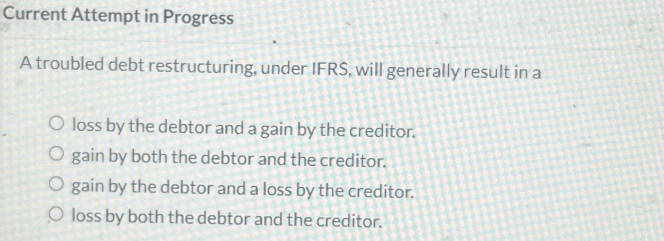  Current Attempt in Progress A troubled debt restructuring, under IFRS, will