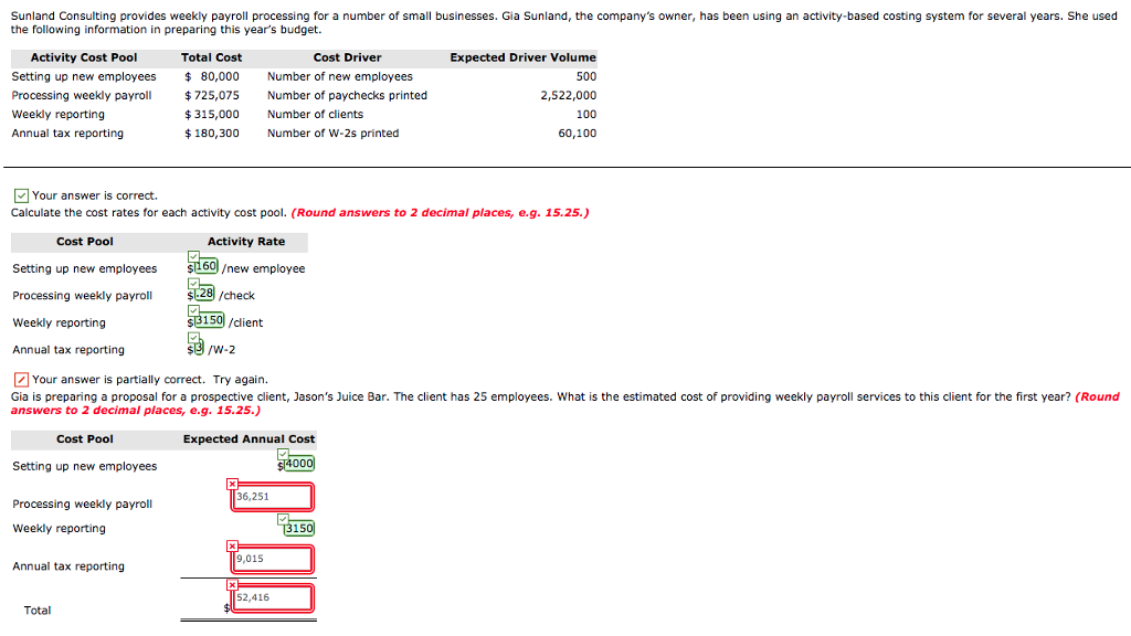 Can't get this answer correct please help! Sunland Consulting provides weekly payroll