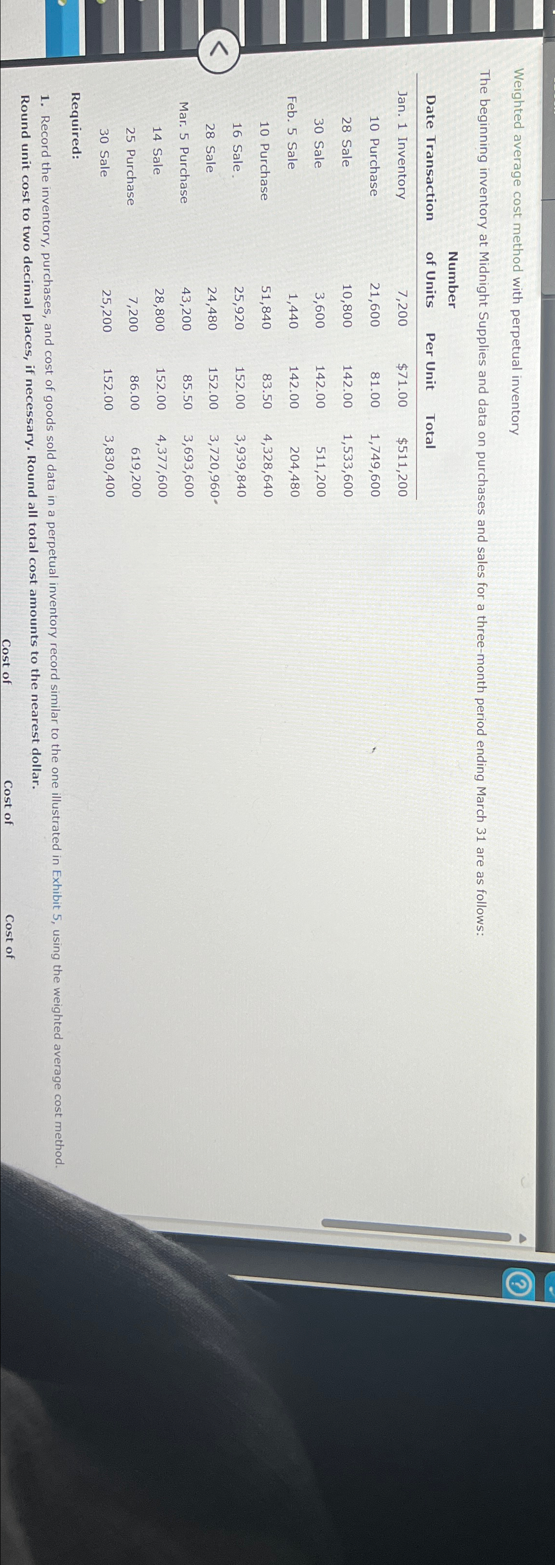  Weighted average cost method with perpetual inventory The beginning inventory at