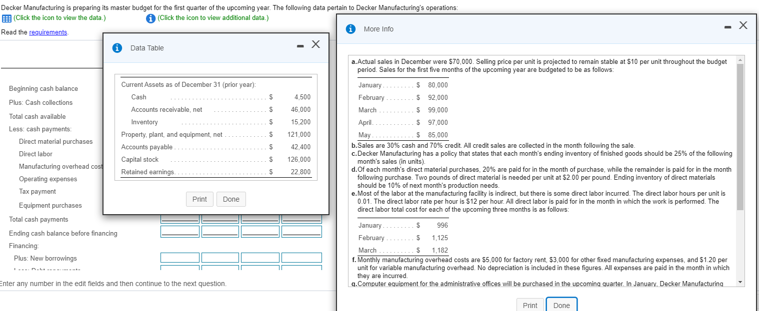  Decker Manufacturing is preparing its master budget for the first quarter