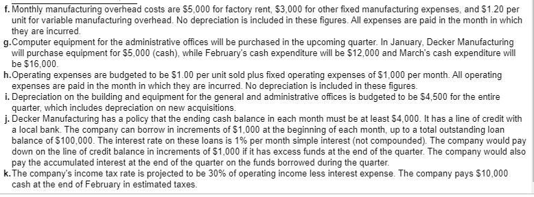 of the upcoming year. The following data pertain to Decker Manufacturing's operations:
