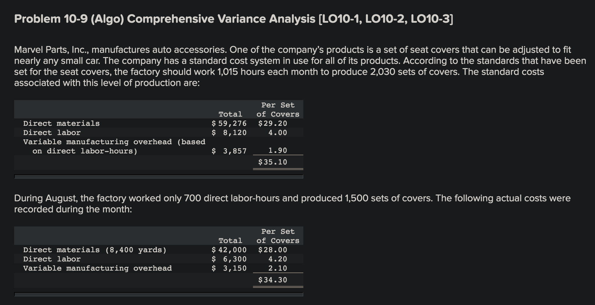  Problem 10-9 (Algo) Comprehensive Variance Analysis (LO10-1, LO10-2, LO10-3] Marvel Parts,