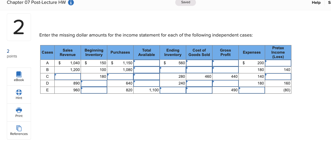 Chapter 07 Post-Lecture HW Saved Help S 2 Enter the missing