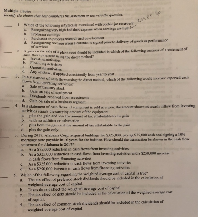  Multiple Choice Identify the choice that best completes the statement or