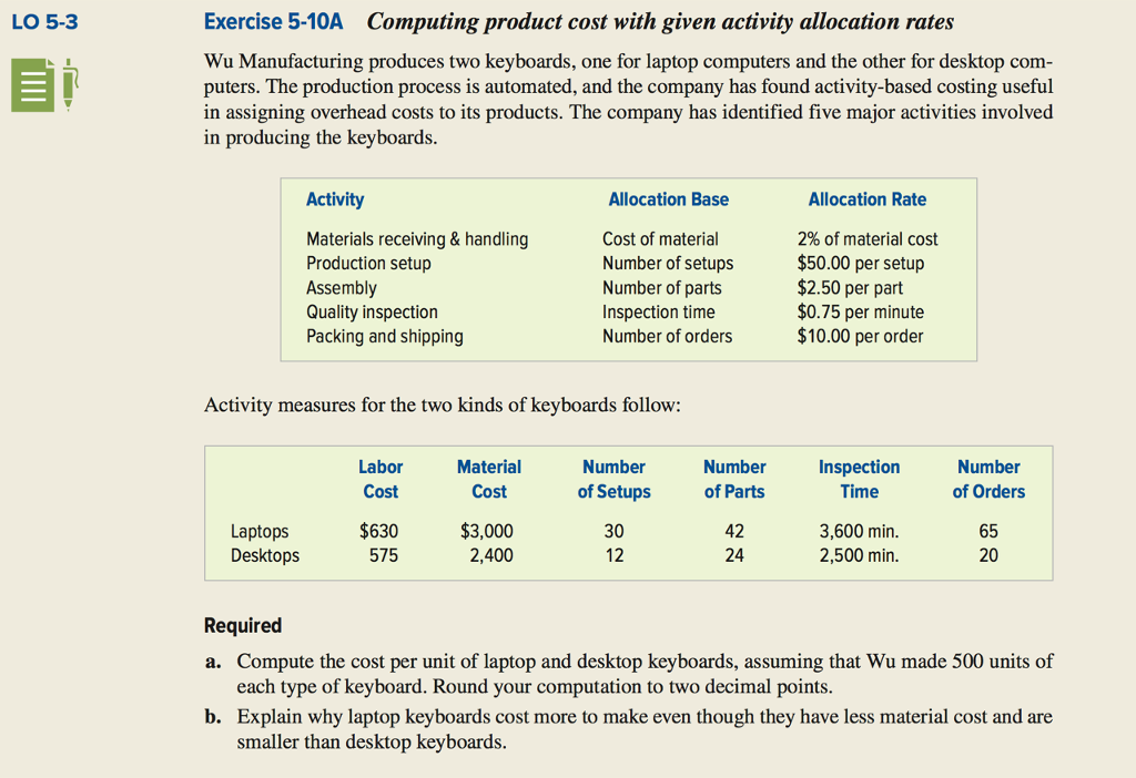  LO 5-3 Exercise 5-10A Computing product cost with given activity allocation