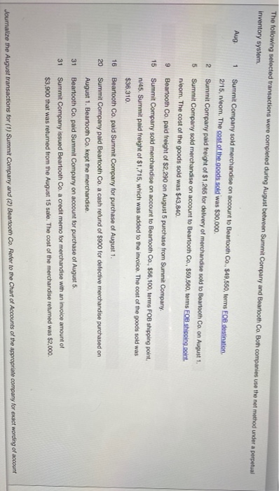  The following selected transactions were completed during August between Summit Company