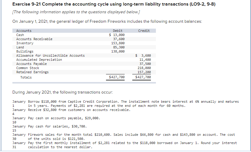  Exercise 9-21 Complete the accounting cycle using long-term liability transactions (LO9-2,9-8)