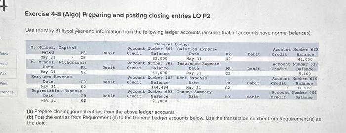  Exercise 4-8 (Algo) Preparing and posting closing entries LO P2 Use