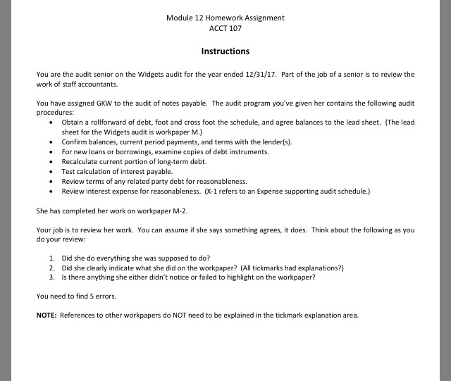  Module 12 Homework Assignment ACCT 107 Instructions You are the audit