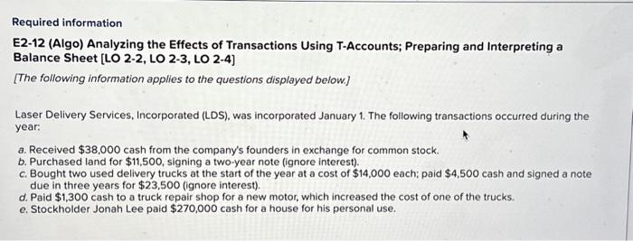  Required information E2-12 (Algo) Analyzing the Effects of Transactions Using T-Accounts;