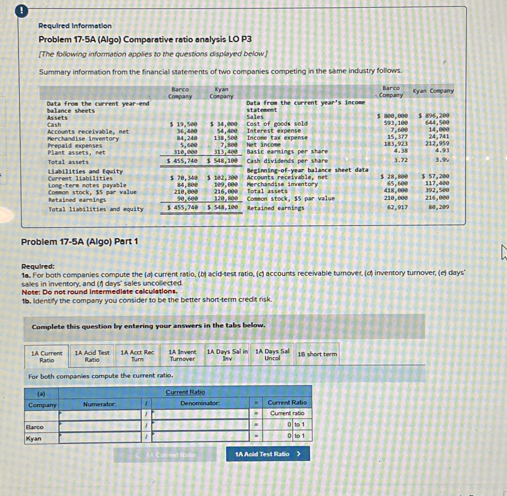  9 Requlred Informatlon Problem 17-5A (Algo) Comparative ratio analysis LO P3