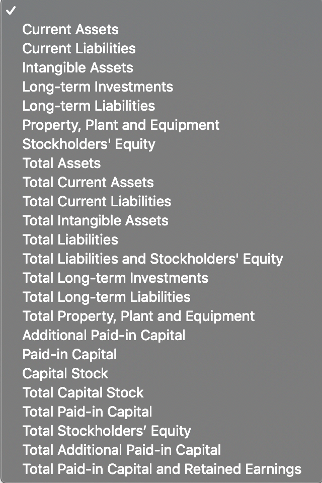  Current Assets Current Liabilities Intangible Assets Long-term Investments Long-term Liabilities Property,