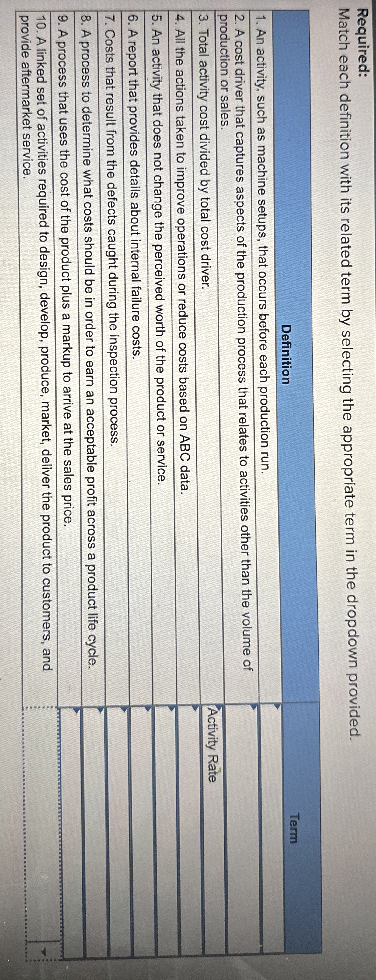  Required: Match each definition with its related term by selecting the
