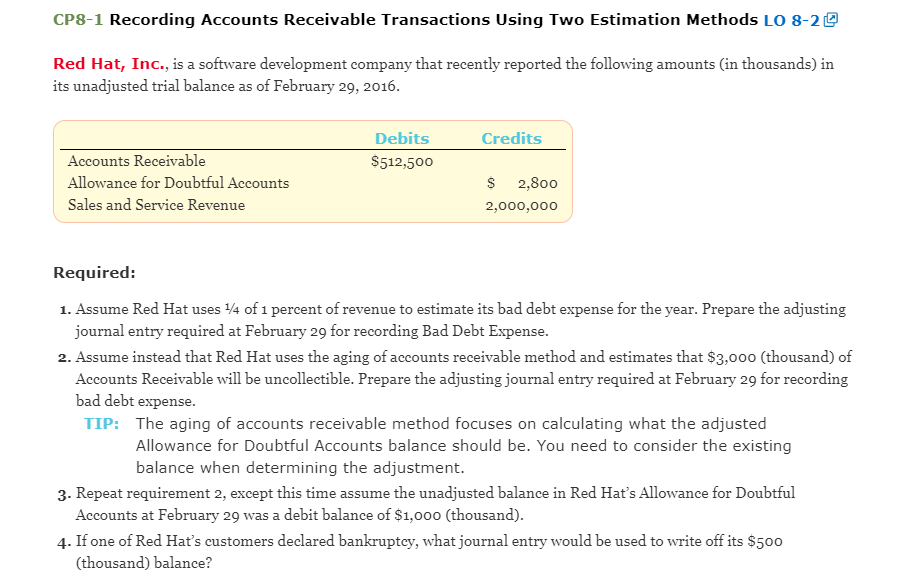  CP8-1 Recording Accounts Receivable Transactions Using Two Estimation Methods LO 8-20