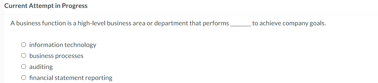  Current Attempt in Progress A business function is a high-level business