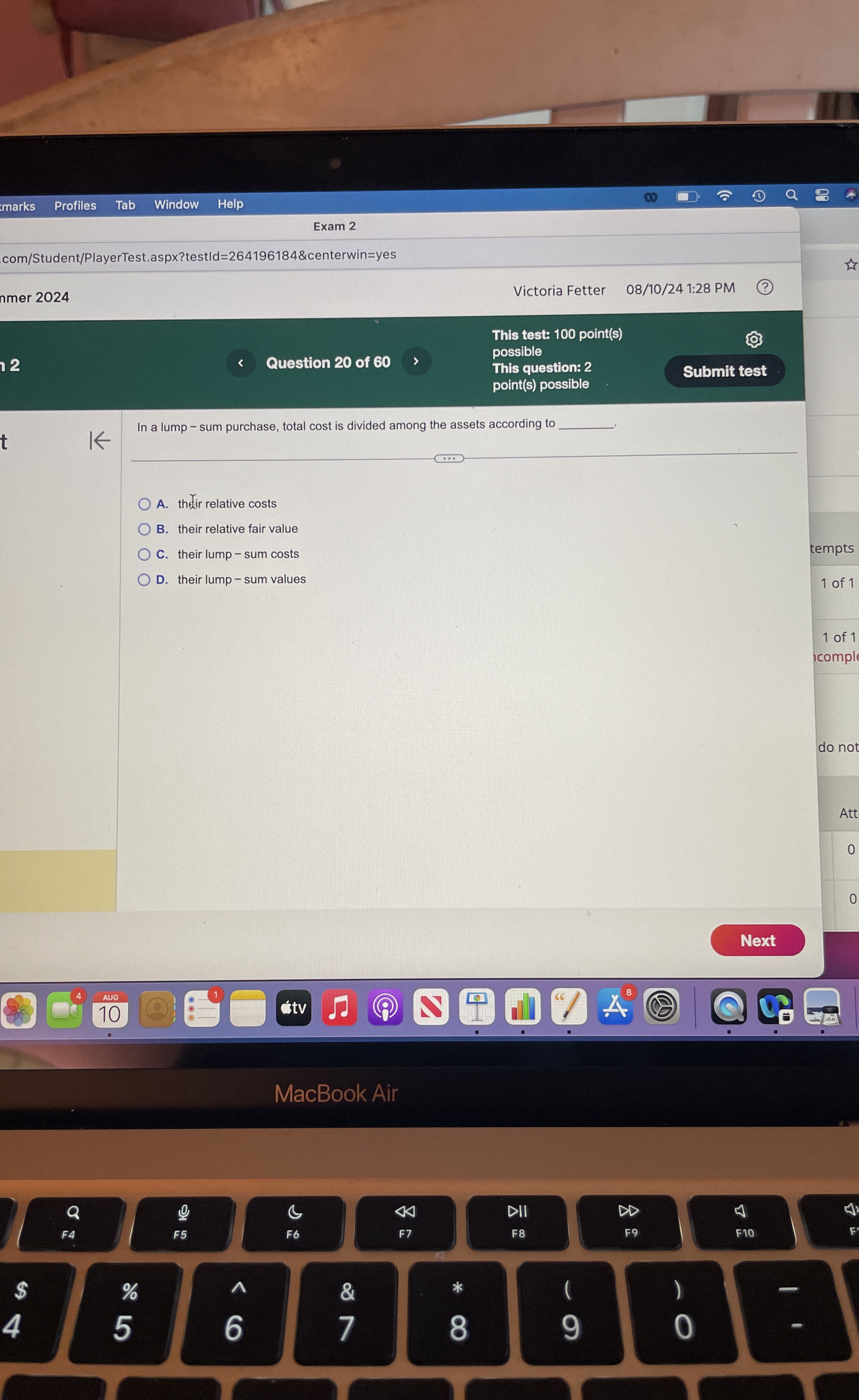  marks Profiles Tab Window Help Exam 2 com/Student/PlayerTest.aspx?testld=264196184erwin=yes nmer 2024 Victoria