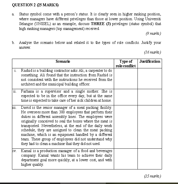  QUESTION 2 (25 MARKS) a. Status symbol come with a person's