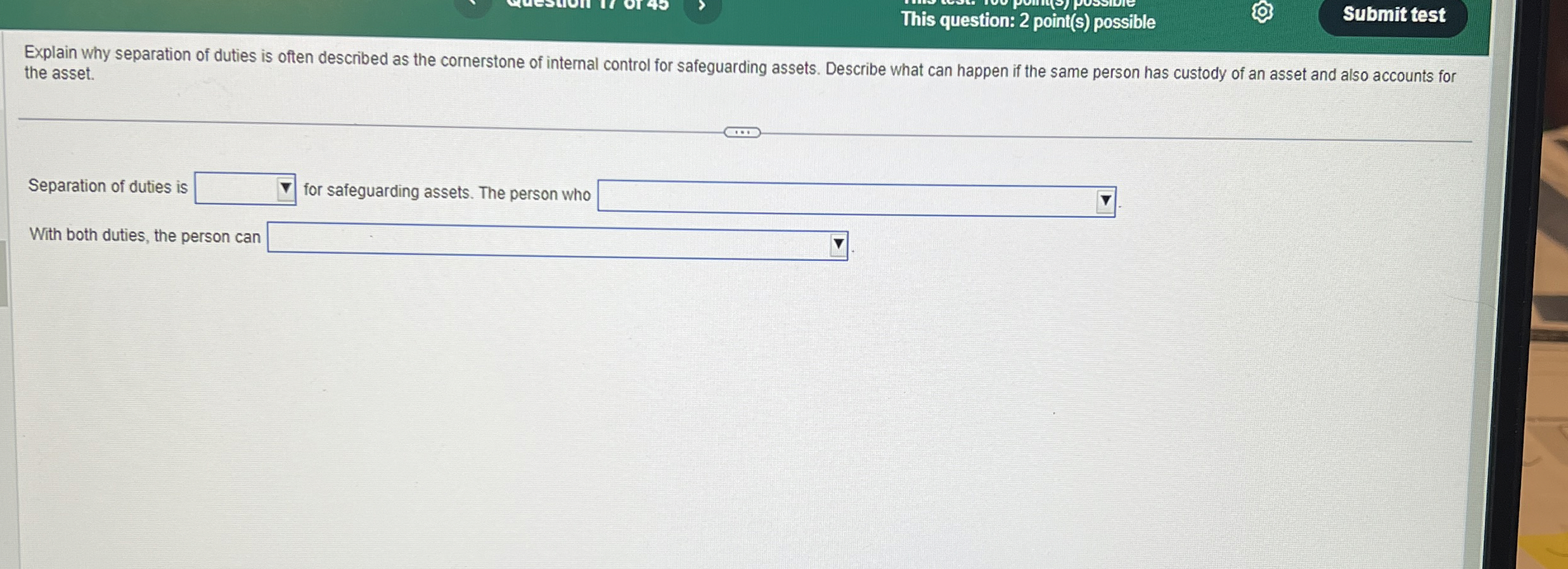  This question: 2 point(s) possible Submit test Explain why separation of