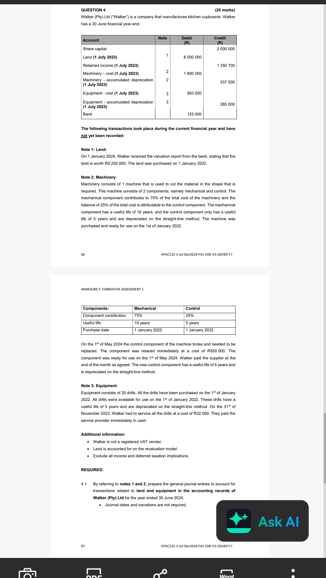  QUESTION 4 (25 marks) Walker (Pty) Ltd ("Walker") is a company