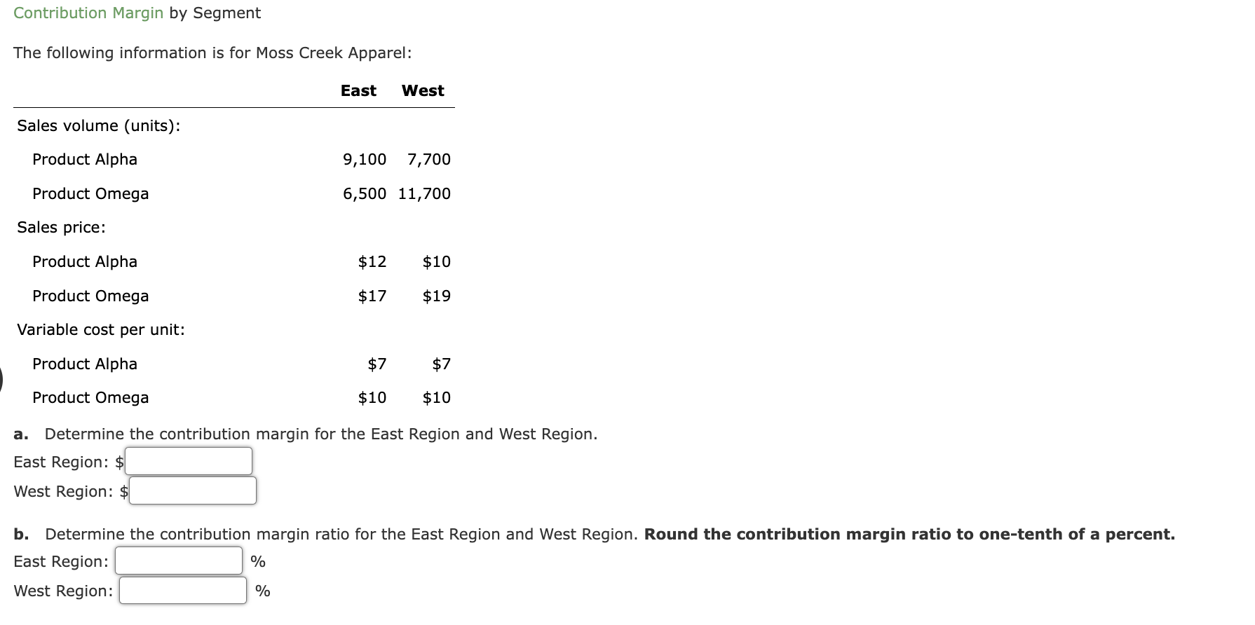 Contribution Margin by Segment The following information is for Moss Creek