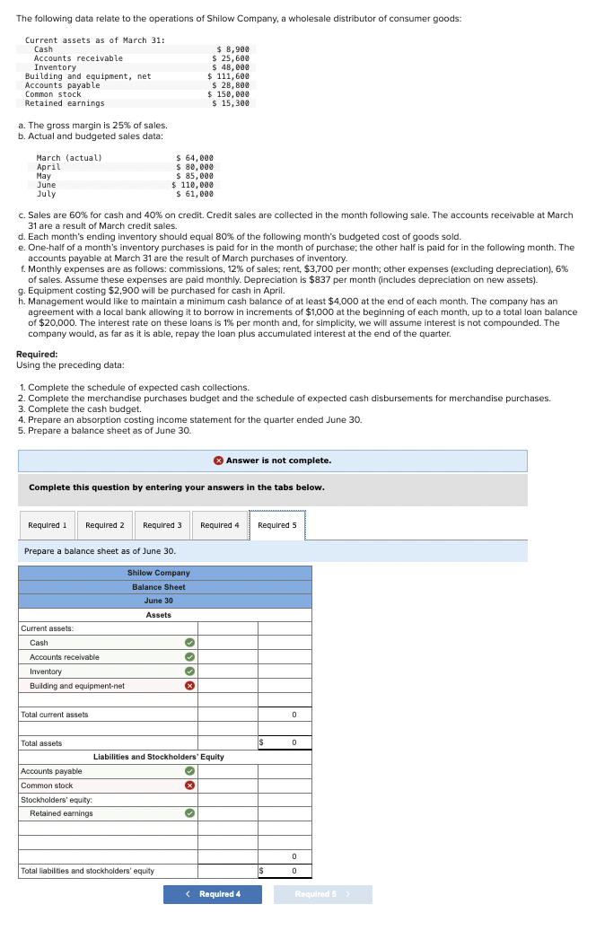  Problem 8-29(Algo) Completing a Master Budget [LO8-2, L08-4, LO8-7, L08-8, LO8-9,