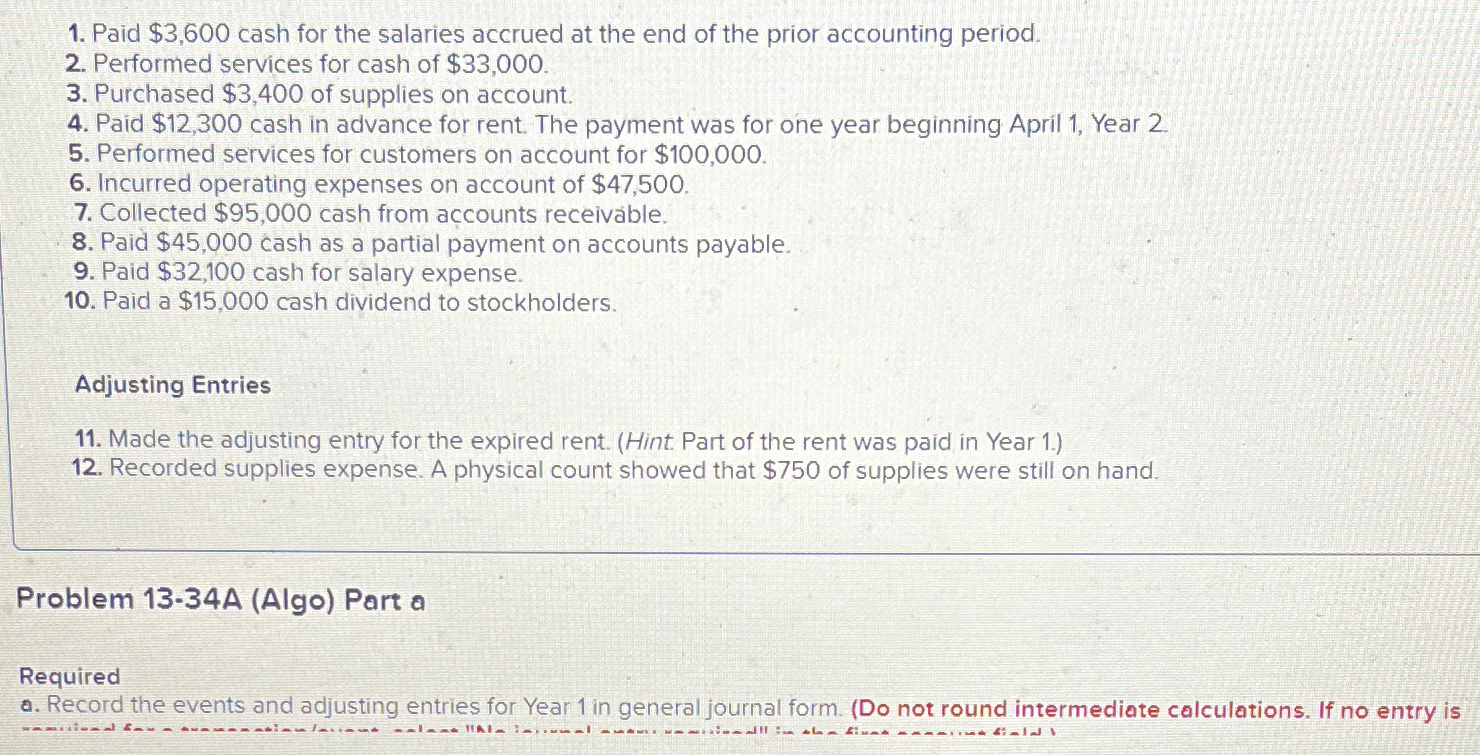  Problem 13-34A (Algo) Two complete accounting cycles LO 13-1,13-2,13-3,13-4 [The following